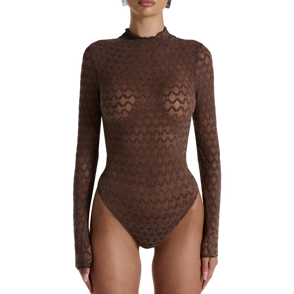 Naked Wardrobe Flocked Velvet Lace Mock Neck Long Sleeve Bodysuit In Brown