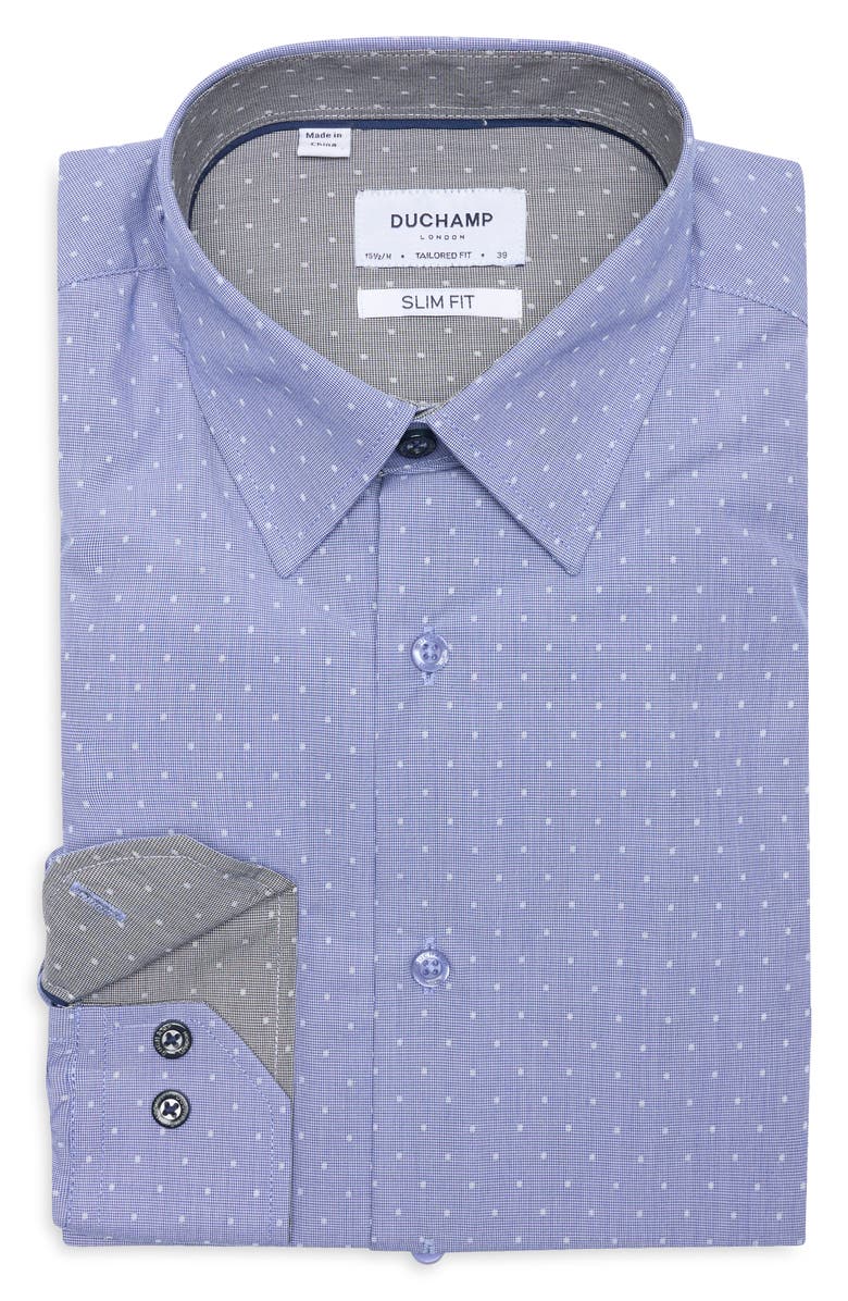Duchamp Slim Fit Dot Textured Stretch Cotton Dress Shirt, Alternate, color, Navy