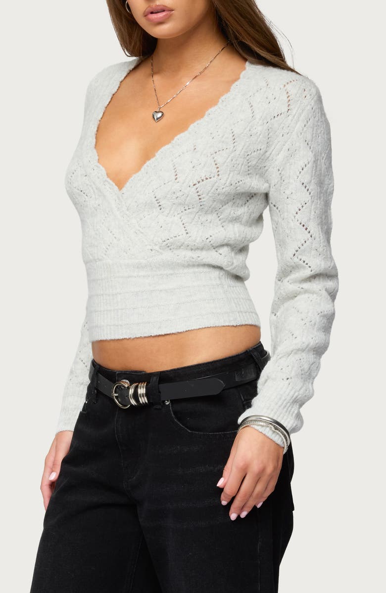 EDIKTED Janine Pointelle V-Neck Crop Sweater, Alternate, color, Gray-Melange