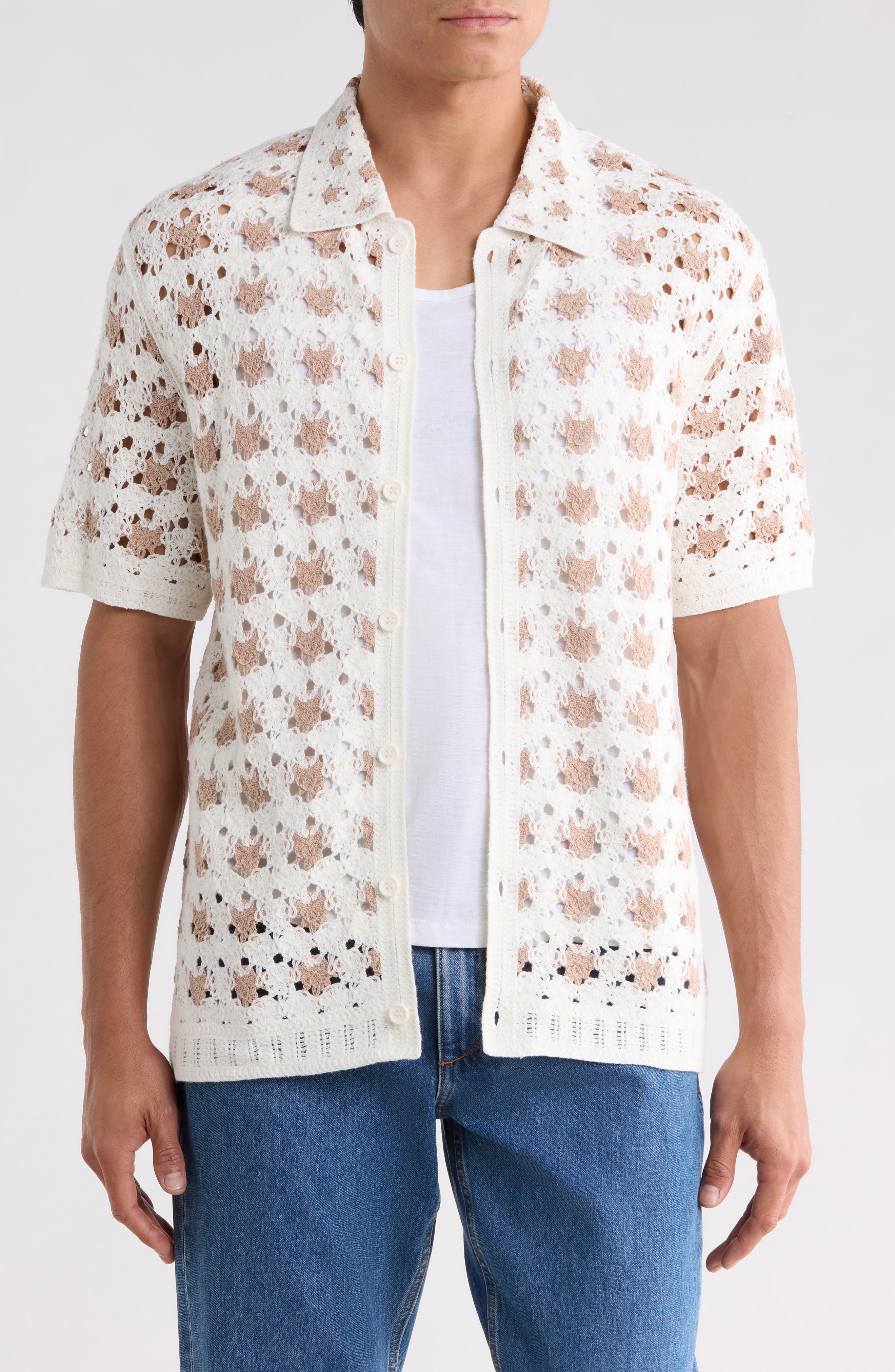 Ecru Splash Crochet Button-Up Shirt