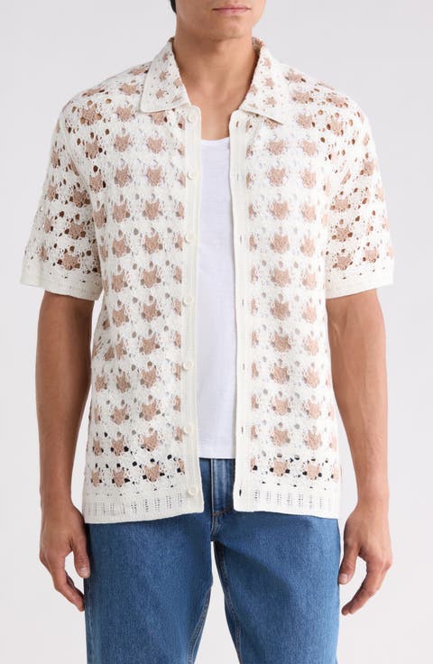 Ecru Splash Crochet Button-Up Shirt
