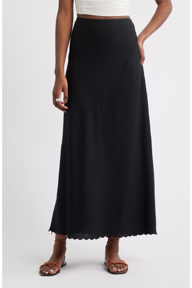 Scalloped Hem Linen Blend Maxi Skirt, Main, color, BLACK
