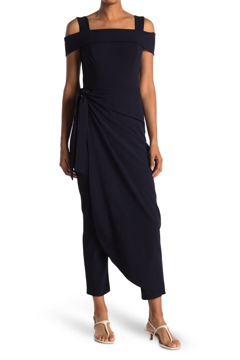 Cold Shoulder Waist Tie Overlay Jumpsuit, Main, color, BLACK