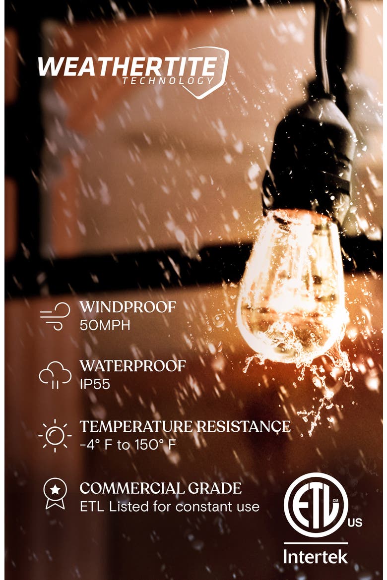 Solar-Powered Weatherproof LED 48' Outdoor String Lights - 15 Shatterproof Bulbs, Alternate, color, WARM WHITE