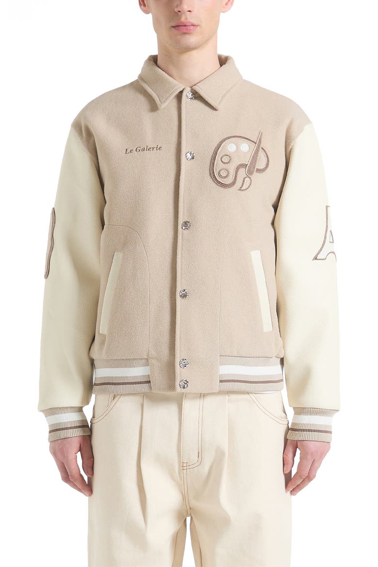 Le Galerie Wool-Blend Varsity Jacket, Main, color, Beige