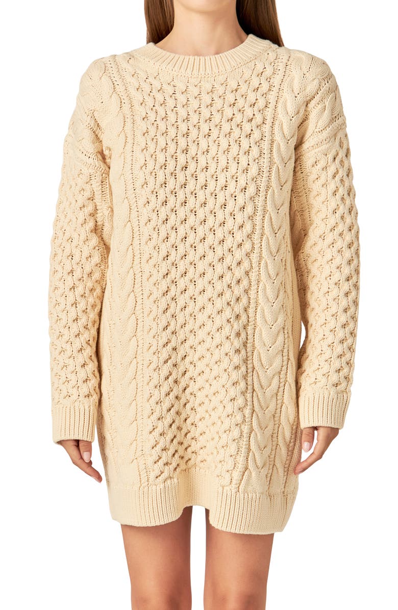 English Factory Cable Stitch Long Sleeve Sweater Dress, Alternate, color, Cream