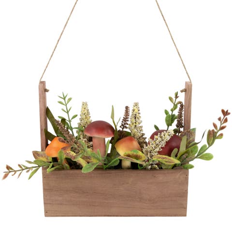 Mushroom and Foliage Wooden Box Artificial Fall Harvest Hanging Arrangement - 19"