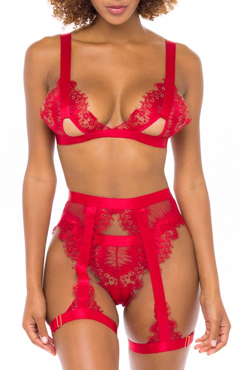 Open Cup Bralette, High Waist Panties & Suspenders Set