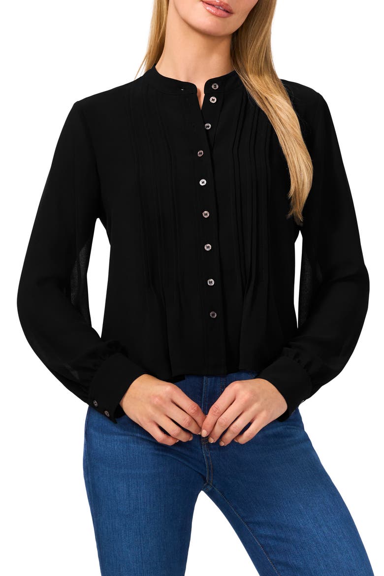 Pintuck Pleat Georgette Button-Up Top, Main, color, RICH BLACK