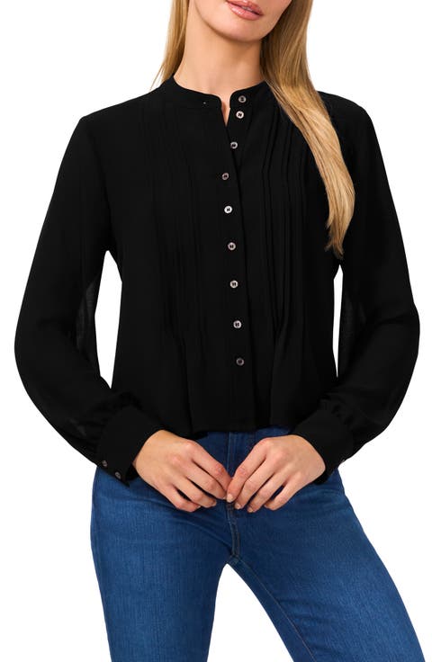 Pintuck Pleat Georgette Button-Up Top