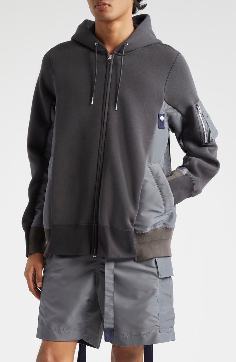 Sacai Sponge Sweat Mixed Media Zip Hoodie, Main, color, C/ Grayc/ Gray 339