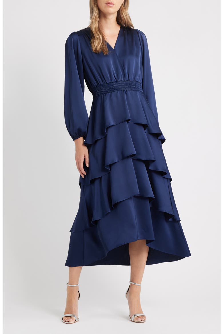 Long Sleeve Tiered High-Low Satin Dress, Main, color, DISTANT MOUNTAIN