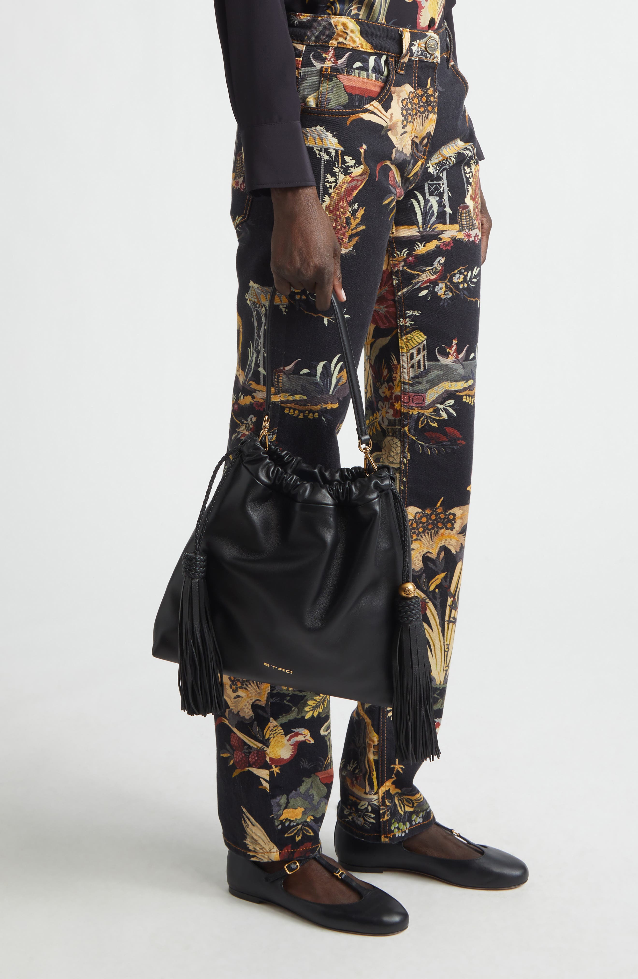 Etro Medium Kalispera Tassel Leather Shoulder Bag, Alternate, color, Black