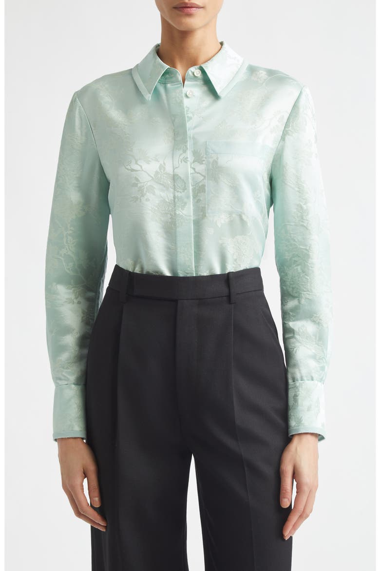 Floral Wool & Silk Satin Jacquard Button-Up Shirt, Main, color, LIGHT AQUA
