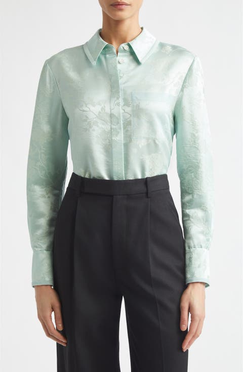 Floral Wool & Silk Satin Jacquard Button-Up Shirt