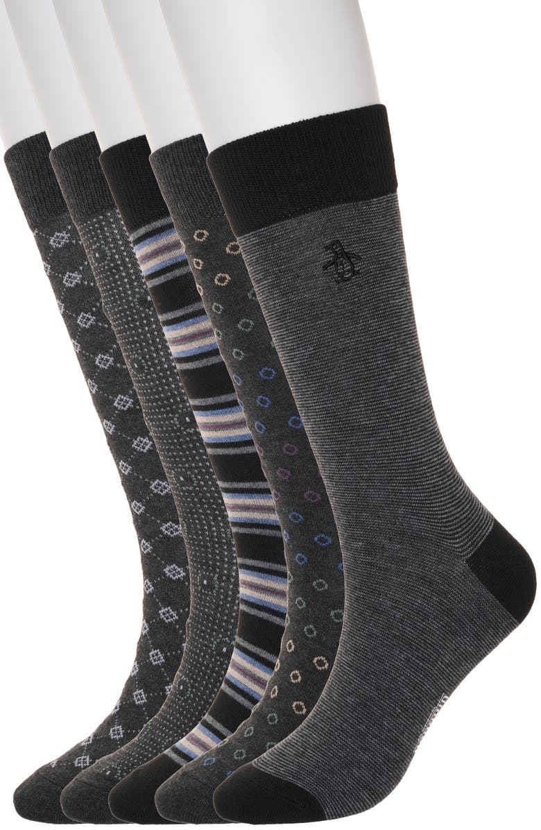 Original Penguin Birdseye Neat 5-Pack Assorted Crew Socks, Main, color, Black
