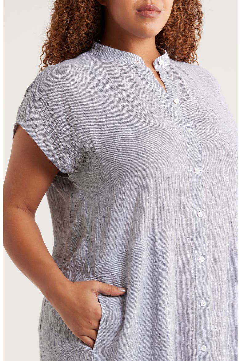 Band Collar Stripe Organic Linen Shirtdress, Alternate, color, INK
