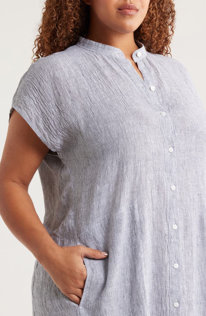 Eileen Fisher Band Collar Stripe Organic Linen Shirtdress, Alternate, color, Ink