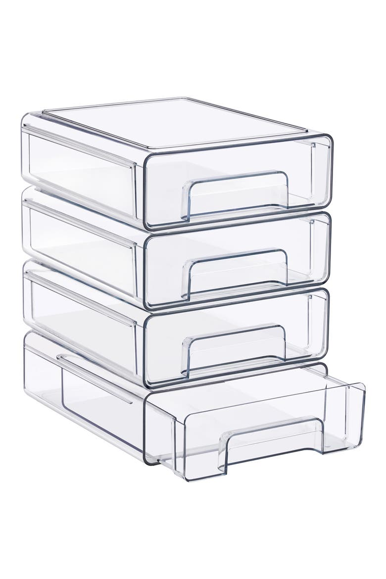 Set of 4 Medium Stackable Drawers, Main, color, CLEAR