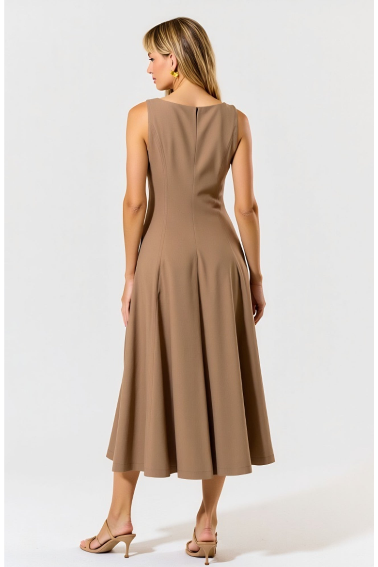 Sleeveless Boat Neck Fit and Flare Midi Dress with Seam Detailing, Alternate, color, Brown