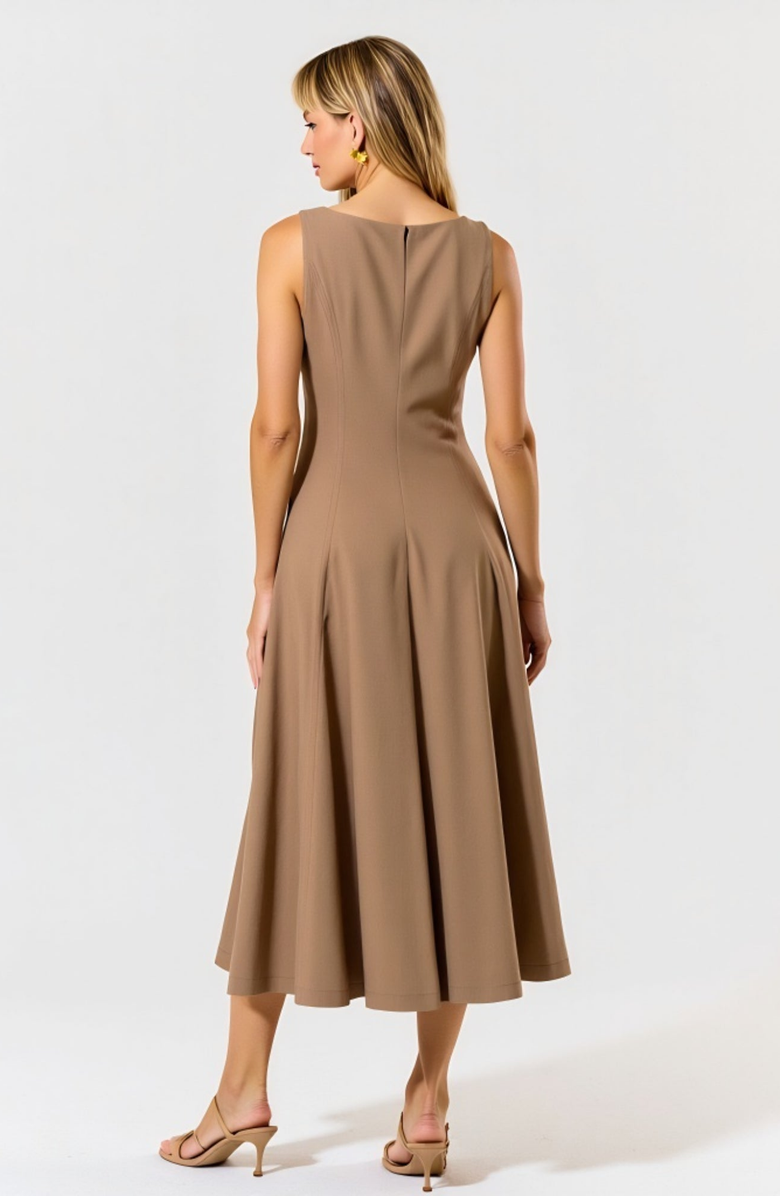 Modenaire Sleeveless Boat Neck Fit and Flare Midi Dress with Seam Detailing, Alternate, color, Brown