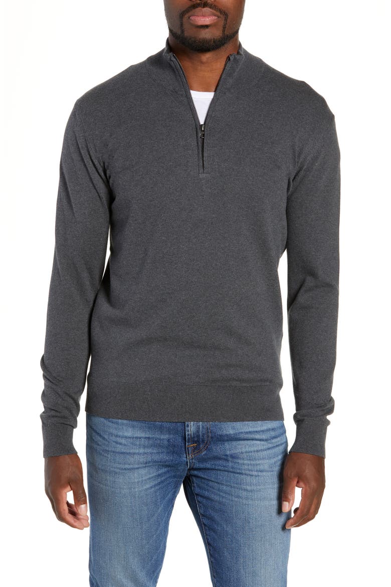 Stretch Cotton Quarter Zip Sweater, Main, color, CHARCOAL