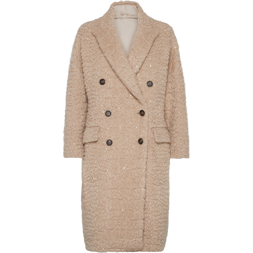 Brunello Cucinelli Boucle Double-breasted Coat Sequin Embellishment In Nude