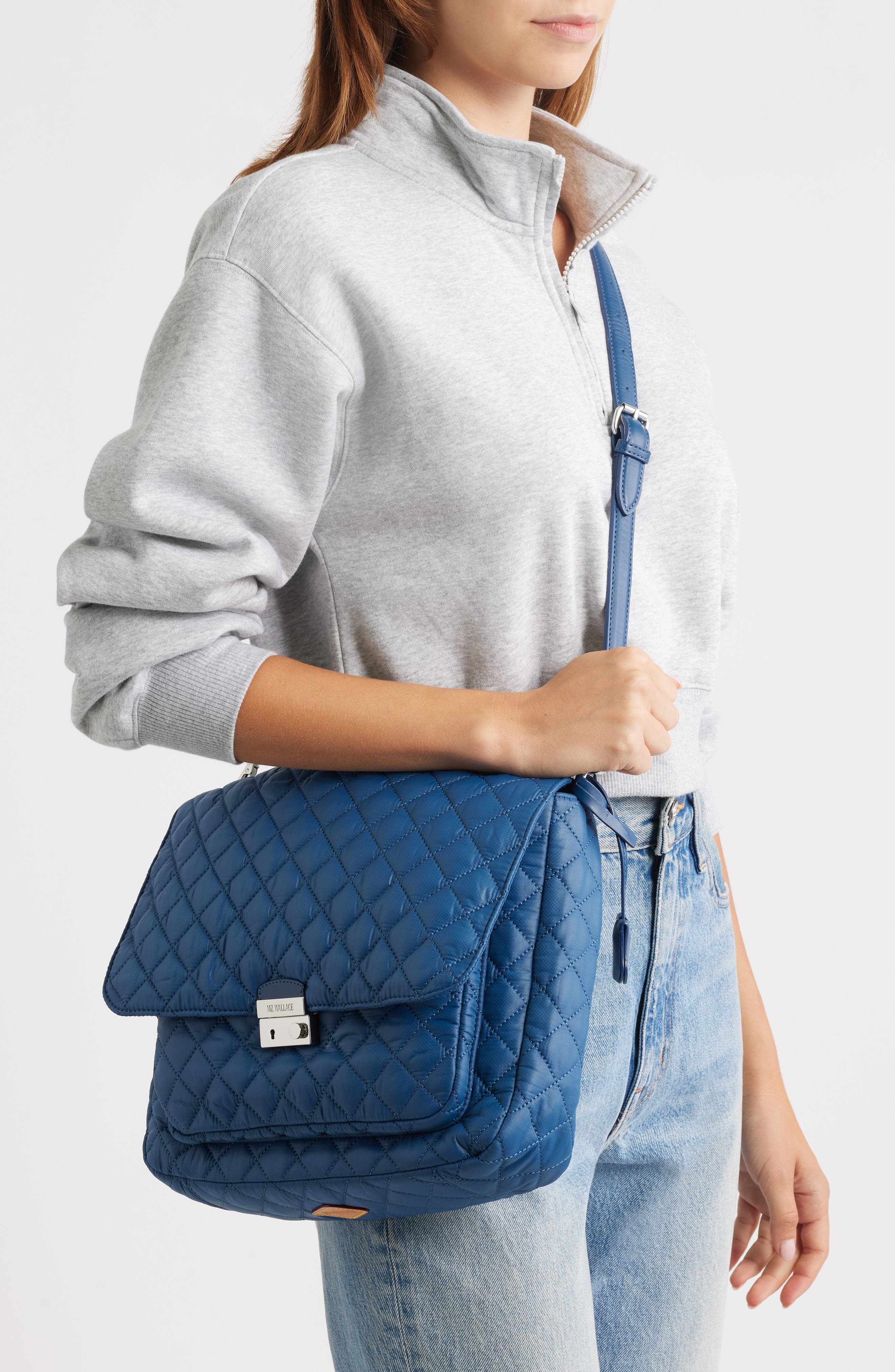 MZ Wallace Large Crosby Lock Quilted Nylon Crossbody Bag, Alternate, color, French Blue