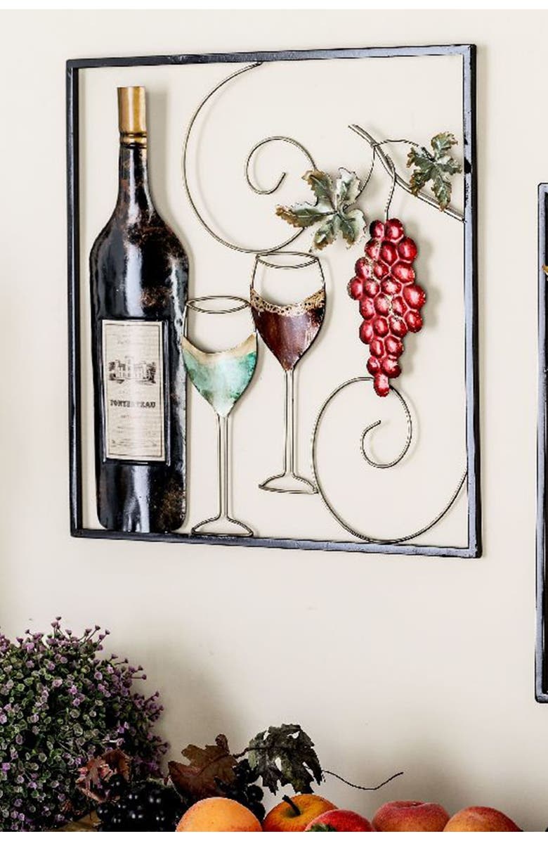 WILLOW ROW Traditional Framed Wine Bottle & Glasses Iron Wall Decor - Set of 2, Alternate, color, 