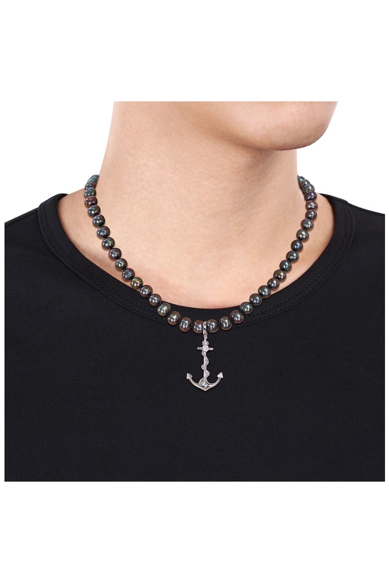 Men's Cultured Freshwater Pearl Anchor Pendant Necklace, Alternate, color, BLACK