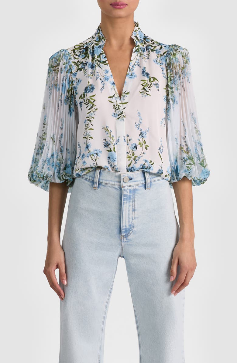 Alice + Olivia Ilan Floral Pleated Sleeve Button-Up Shirt, Main, color, Fresh Air Carolina Blue