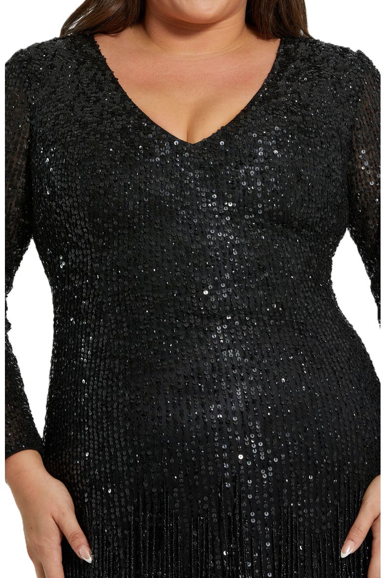 Long Sleeve V Neck Beaded Fringe Gown, Alternate, color, Black