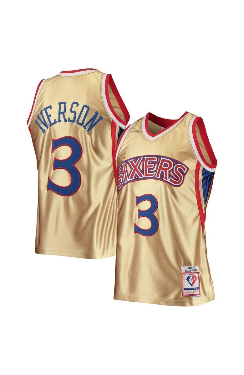 Mitchell & Ness Men's Mitchell & Ness Allen Iverson Gold Philadelphia 76ers 75th Anniversary 1996/97 Hardwood Classics Swingman Jersey, Main, color, 