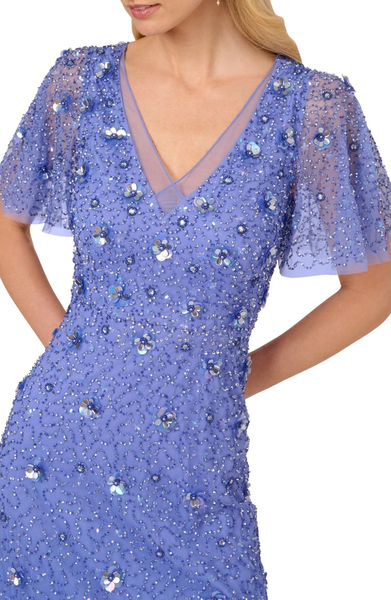 Adrianna Papell Beaded Mesh Flutter Sleeve Cocktail Dress, Alternate, color, Peri Blue