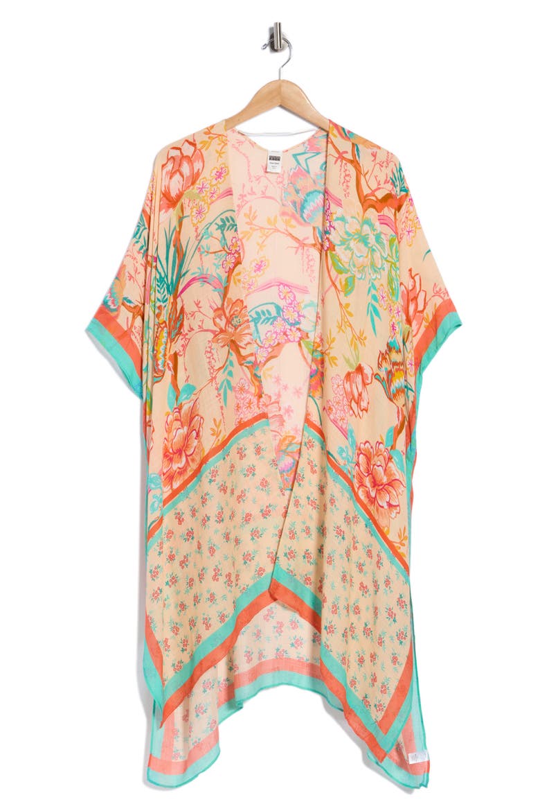 Lightweight Print Ruana, Alternate, color, PEACH ORANGE FLORALS