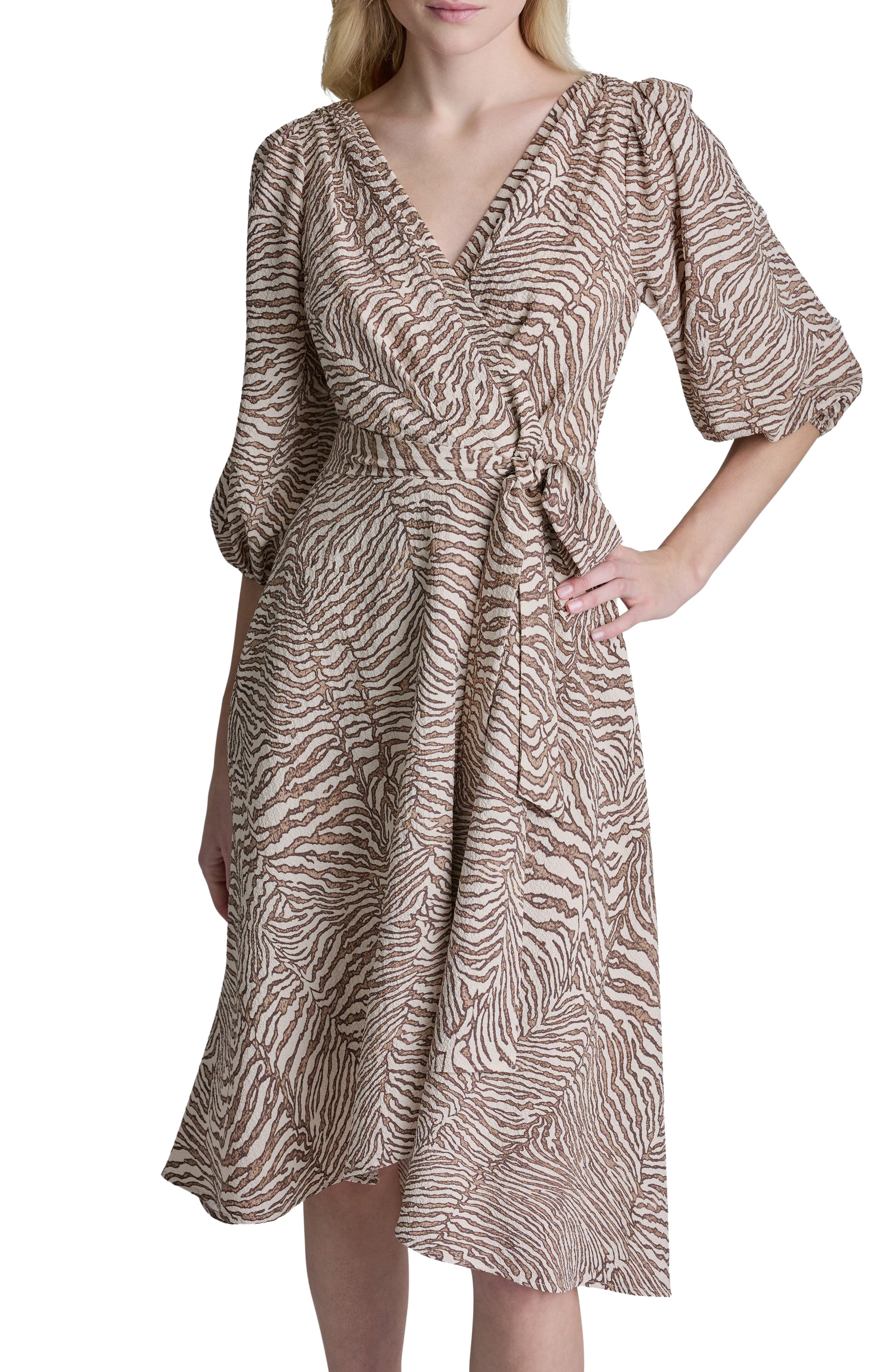 Balloon Sleeve Gauze Faux Wrap Dress