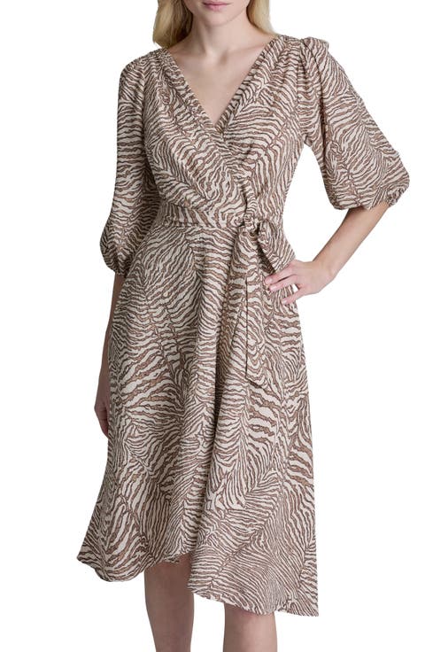 Balloon Sleeve Gauze Faux Wrap Dress