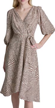 DKNY Balloon Sleeve Gauze Faux Wrap Dress