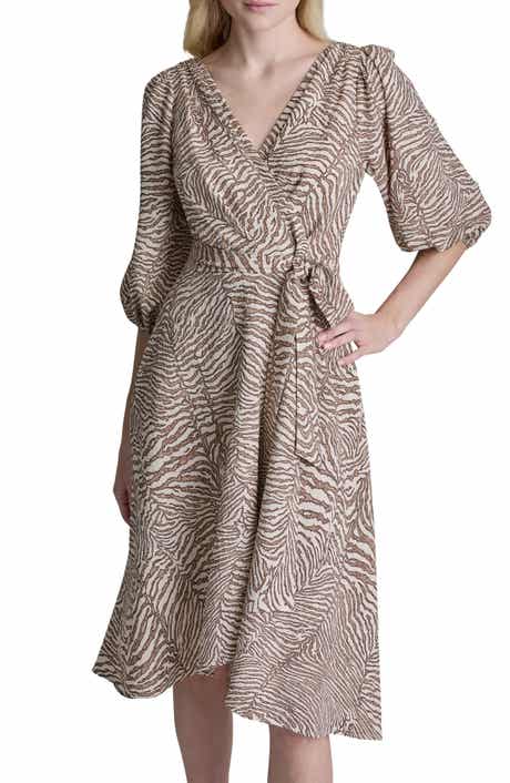 Balloon Sleeve Gauze Faux Wrap Dress