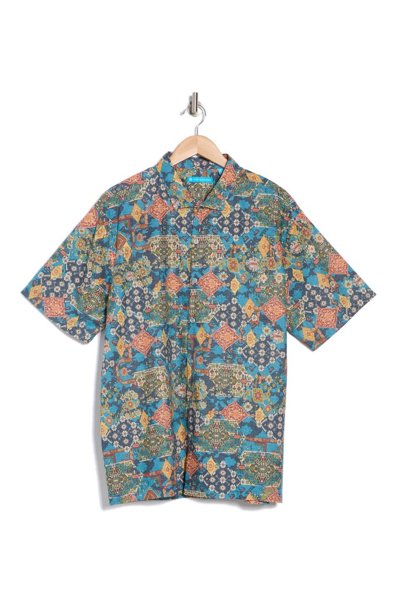 Ankara Short Sleeve Cotton Button-Up Shirt, Alternate, color, NAVY