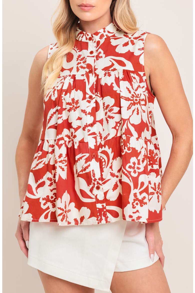 Floral Sleeveless Tiered Button-Up Shirt, Main, color, RED