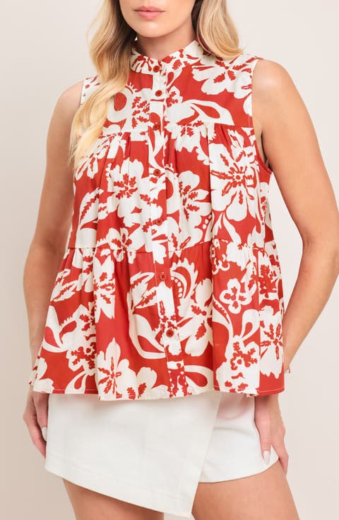 Floral Sleeveless Tiered Button-Up Shirt