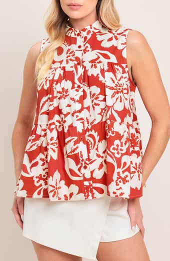 Floral Sleeveless Tiered Button-Up Shirt
