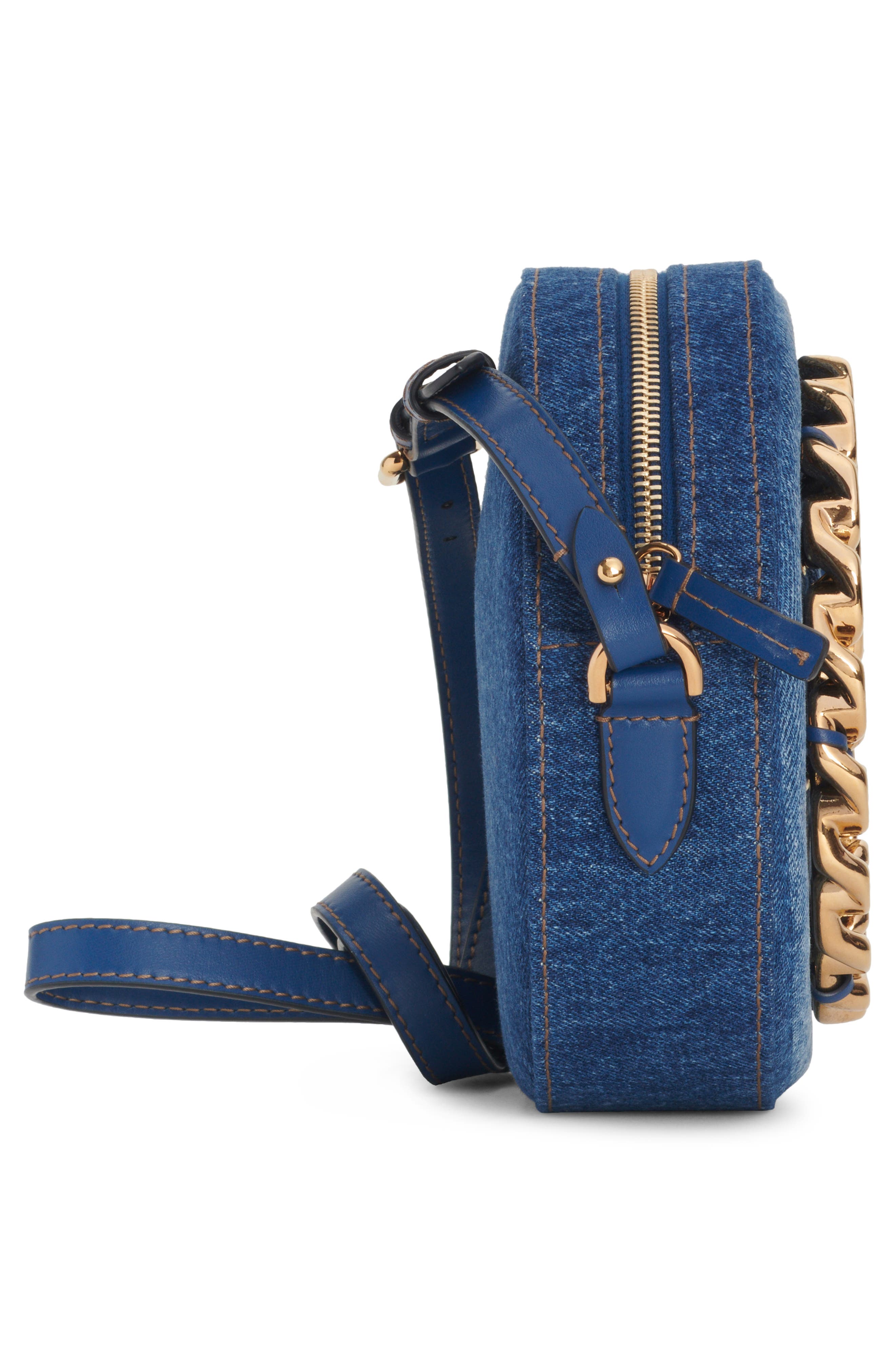 La Medusa Chain Round Denim Crossbody Camera Bag, Alternate, color, NAVY BLUE-VERSACE GOLD