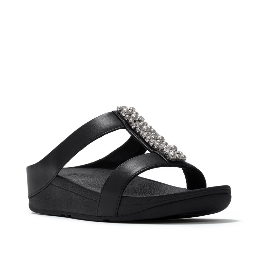 FitFlop Fino Pearls and Crystal H Bar Slides, Main, color, Black