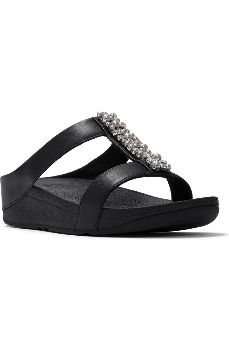 FitFlop Fino Pearls and Crystal H Bar Slides, Main, color, Black