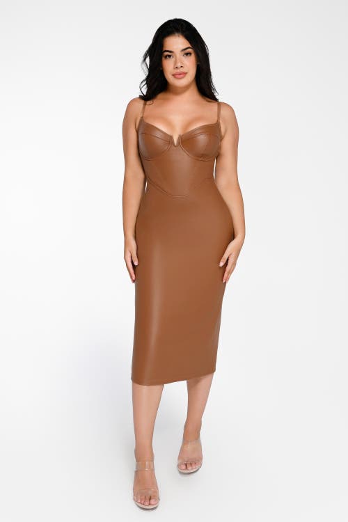 Popilush Shapewear Faux Leather Hourglass Corset Midi Dress In Caramel Brown
