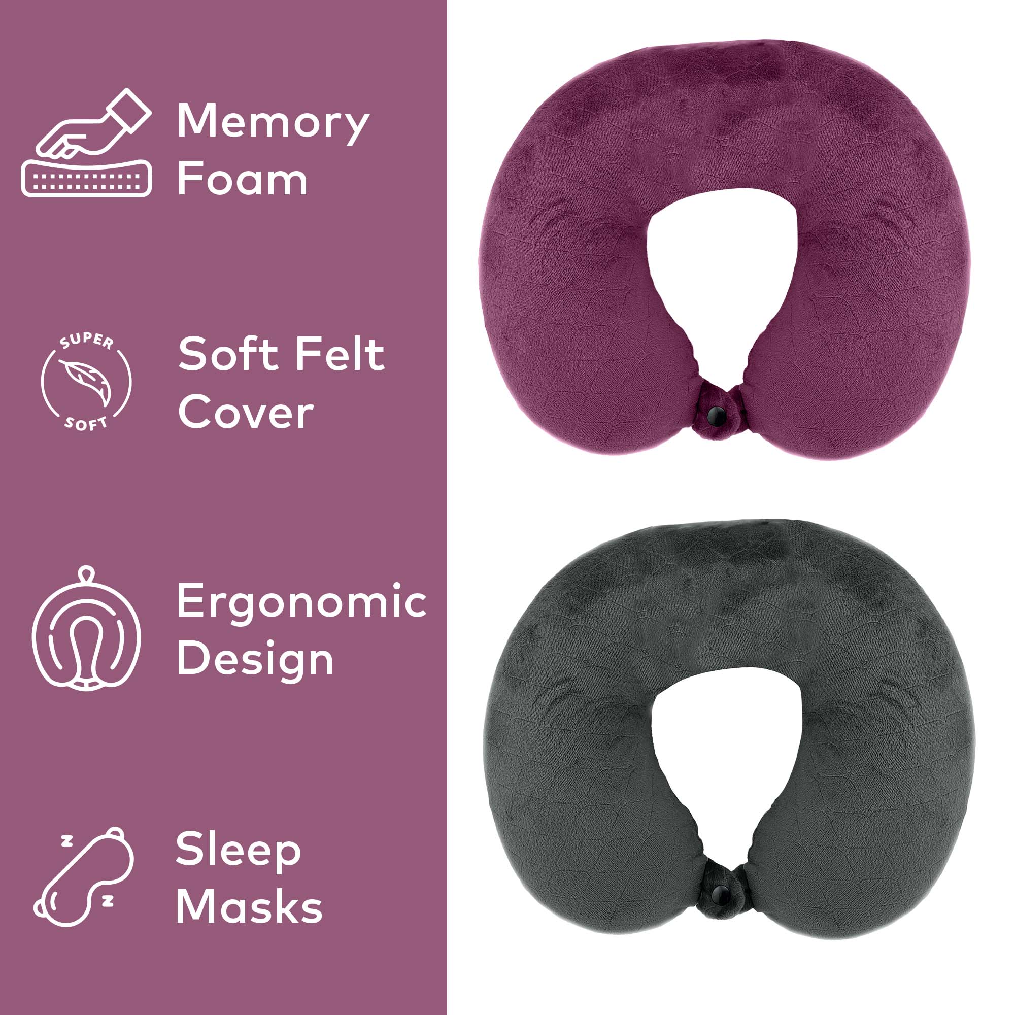 PURSONIC 2 Memory Foam Travel Pillows with Sleep Masks, Alternate, color, Grey