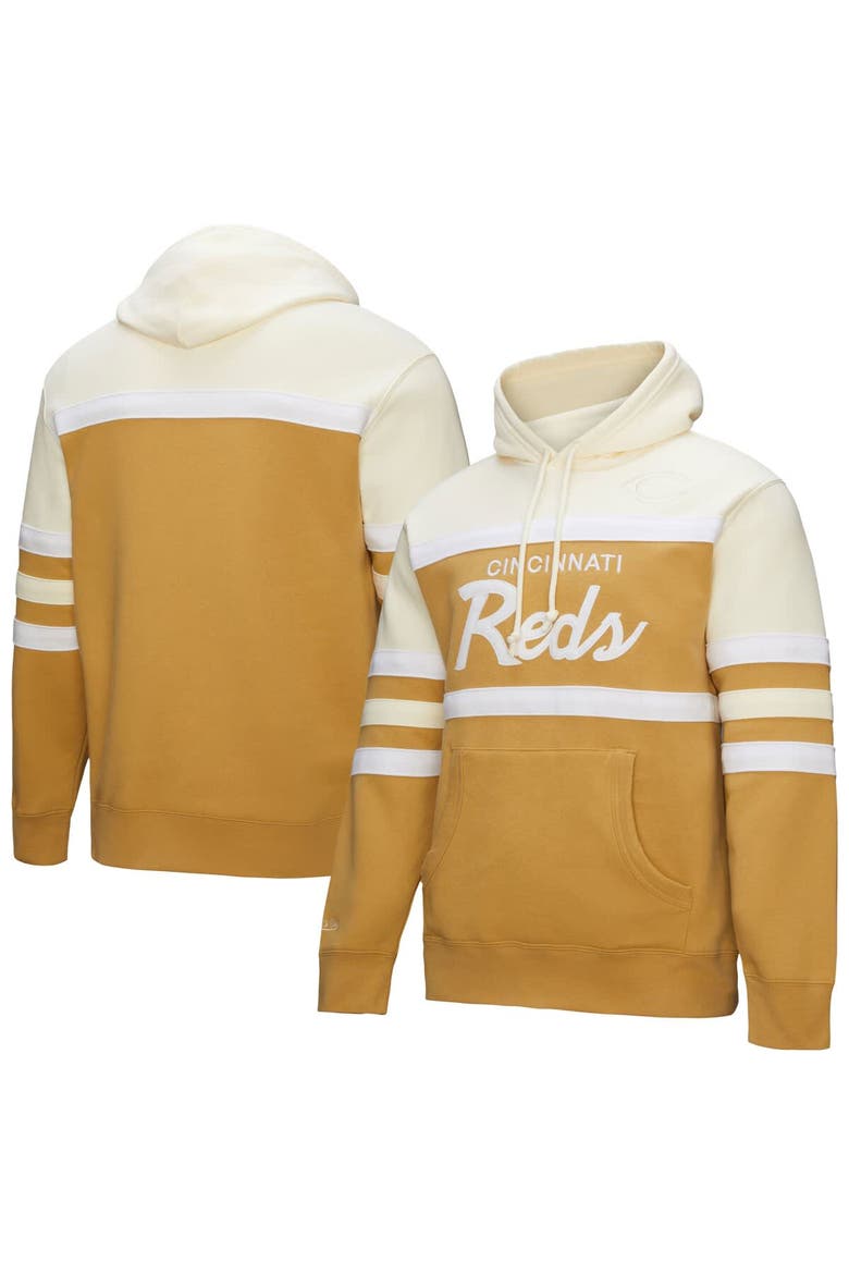 Men's Mitchell & Ness Tan/Cream Cincinnati Reds Head Coach Pullover Hoodie, Main, color, Tan