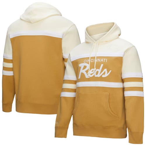 Mitchell & Ness Tan/cream Cincinnati Reds Head Coach Pullover Hoodie In Neutral